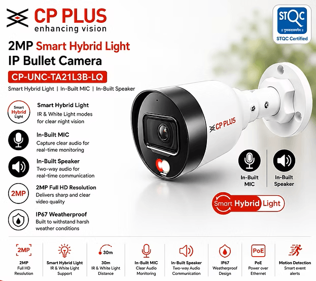 STQC | CP Plus 2MP Night Color IP Bullet CCTV | Two Way | CP-UNC-TA21L3B-LQ