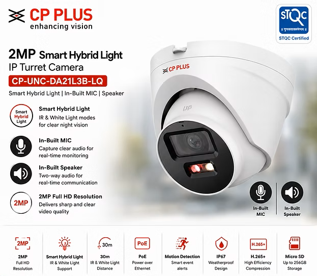STQC | CP Plus 2MP Night Color IP Dome CCTV | Two Way | CP-UNC-DA21L3B-LQ